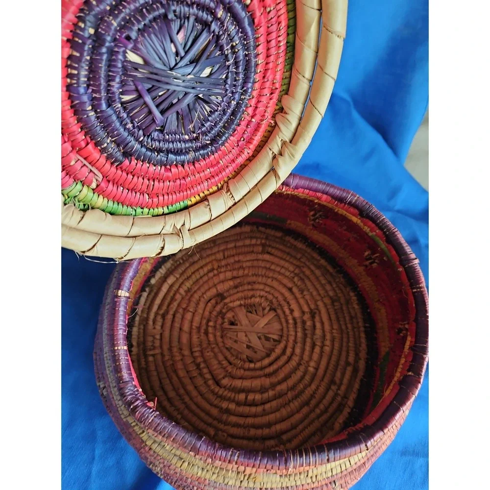Handwoven Coiled Basket Lidded Storage Rustic Primitive Leather Polychrome 10